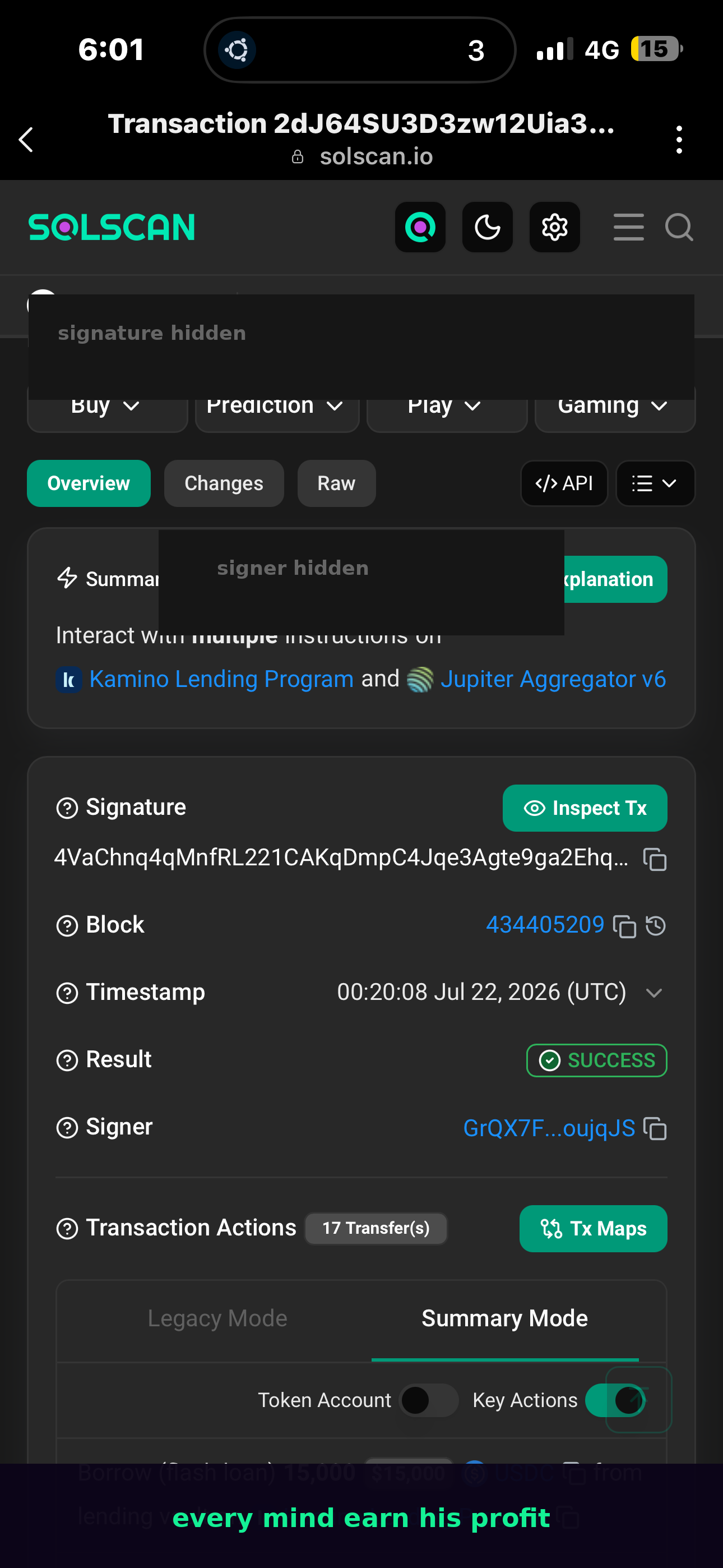 Solscan — borrow flash loan 15,000 USDC from Kamino lending vault