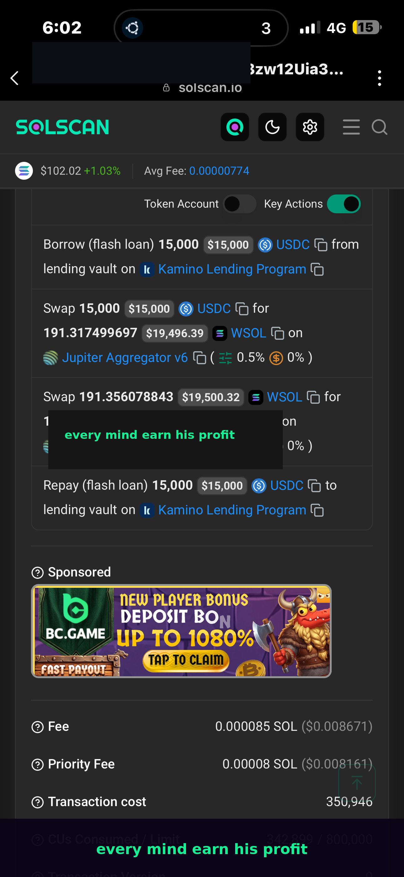 Solscan key actions — 15k flash borrow, Jupiter swaps, repay to Kamino