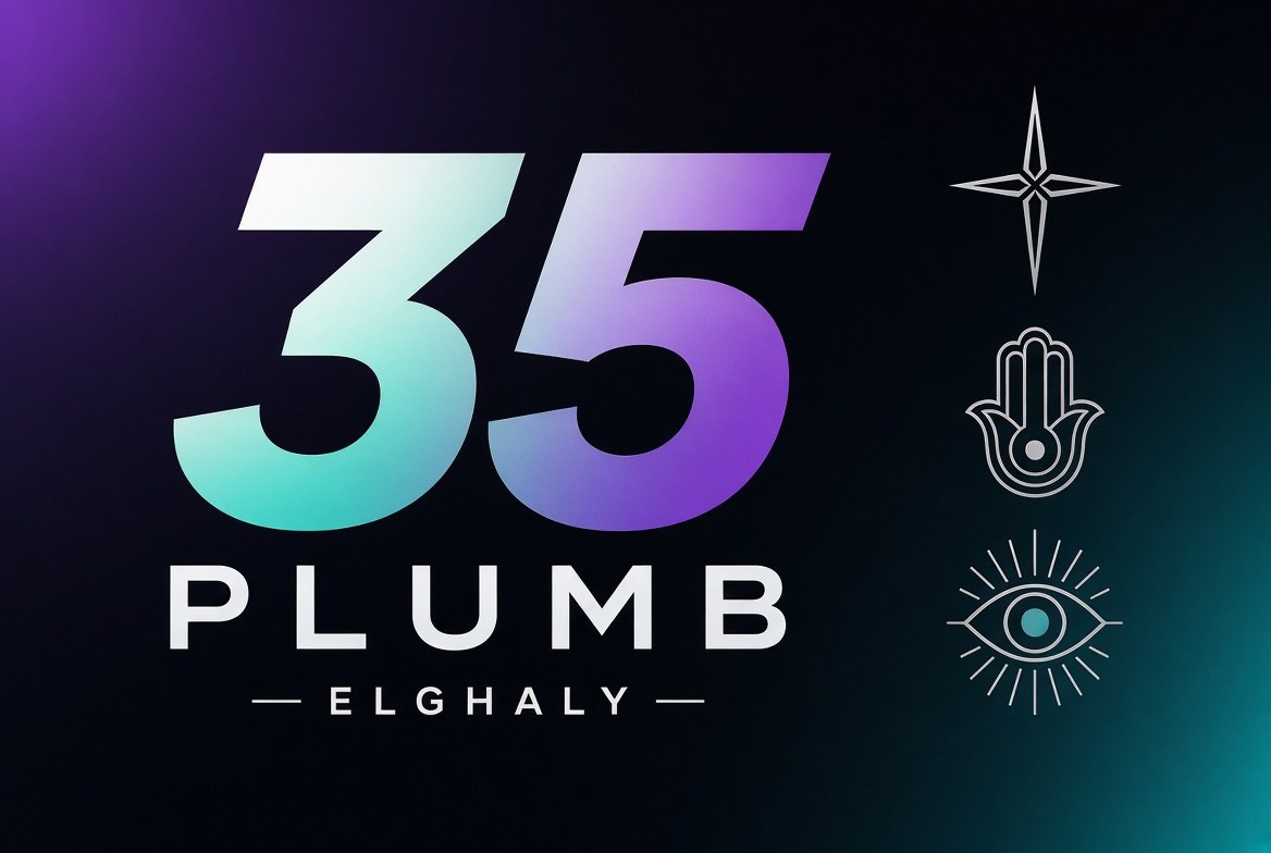 35 Plumb Elghaly house mark — the numerals 35 in a teal-to-violet gradient over PLUMB and ELGHALY, beside the star, hamsa and eye marks